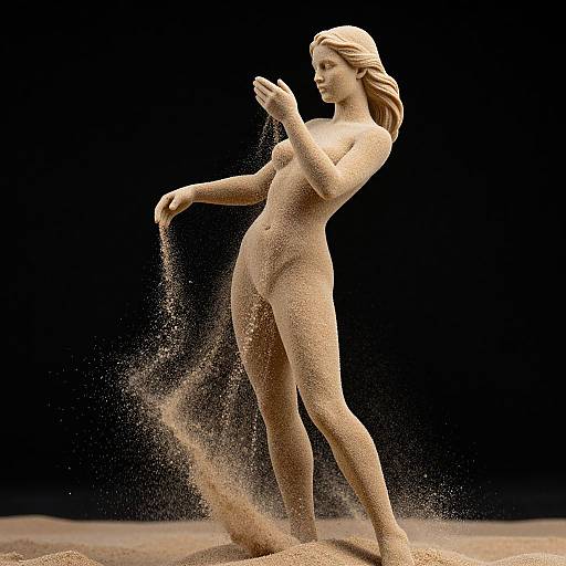 Digital sculpture of a nude, sand-covered woman dancing, with sand cascading from her outstretched hands against a black background.