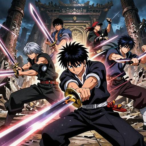 Digital anime artwork of five male warriors with spiky hair, wielding glowing swords, in dynamic battle pose before an ancient temple.
