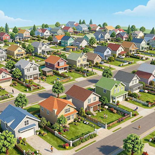 Colorful aerial photograph of a suburban neighborhood with varied, brightly painted houses, green lawns, and trees under a clear blue sky.