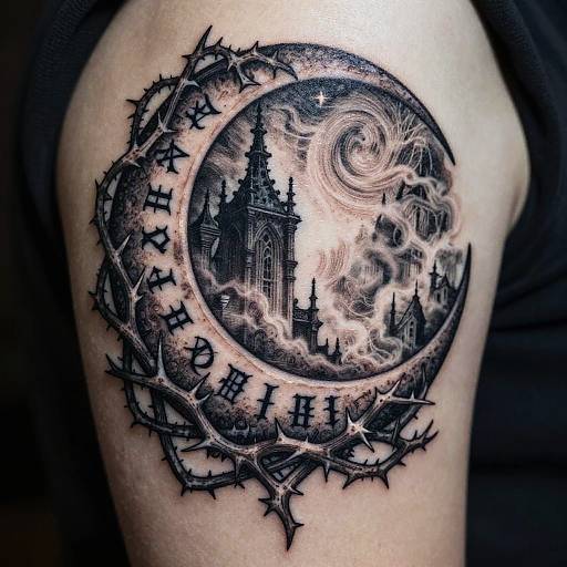 Black and gray tattoo on arm: Gothic cathedral in a moonlit sky, surrounded by thorny vines and Roman numerals. Detailed, textured, and