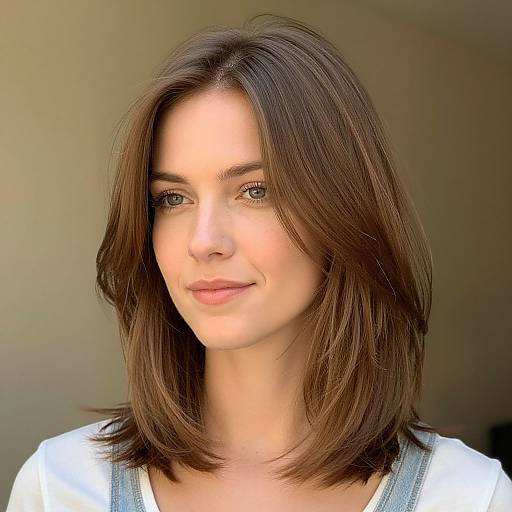 Photograph of a young woman with shoulder-length, straight brown hair, light skin, and green eyes, wearing a white top against a blurred brown background