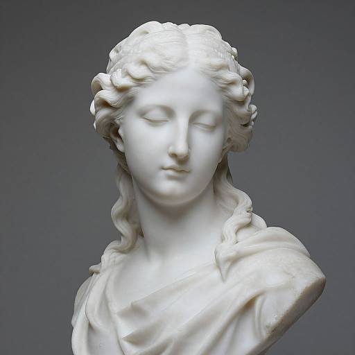 Photograph of a white marble statue depicting a serene, classical female figure with wavy hair, closed eyes, and draped garment, against a dark gray