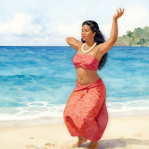 Digital painting of a smiling, curvy woman with long black hair, wearing a pink floral sarong and strapless top, dancing on a sunny beach