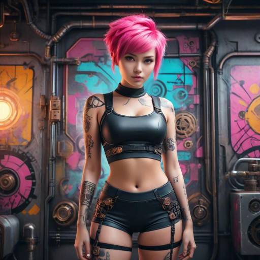 Cyberpunk Woman with Pink Hair and Futuristic Outfit