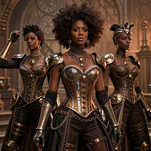 Digital artwork of three African women with afros in ornate, metallic Victorian-style armor, standing confidently in a grand, arch-lined hall.