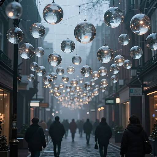 Misty Urban Street with Glowing Orbs