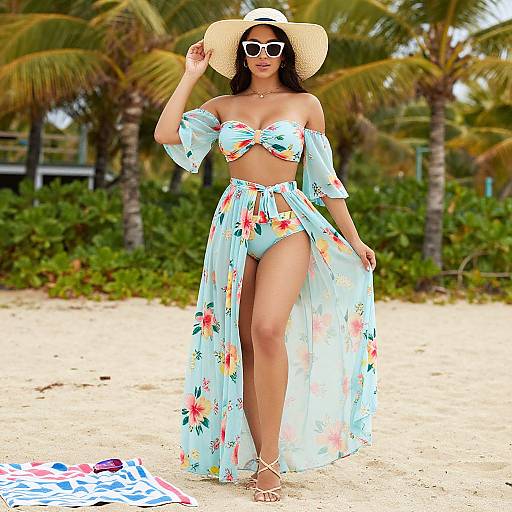 Photograph of a tan-skinned woman in a floral off-shoulder bikini and sheer sarong, wearing a straw hat and white sunglasses, standing