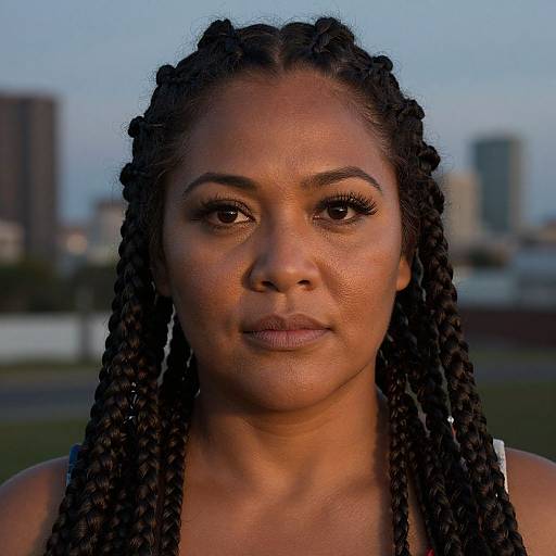 Photograph of a young Black woman with braided hair, dark skin, and brown eyes, looking directly at the camera against a cityscape backdrop at