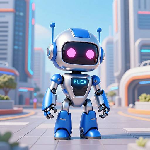 CGI image of a cute, blue and silver robot with pink eyes and 