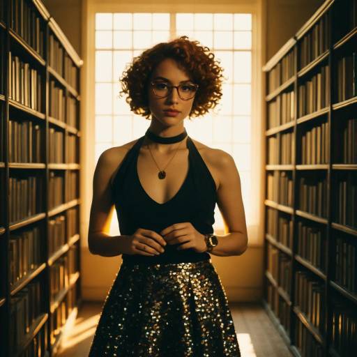 Woman with Curly Red Hair in Library