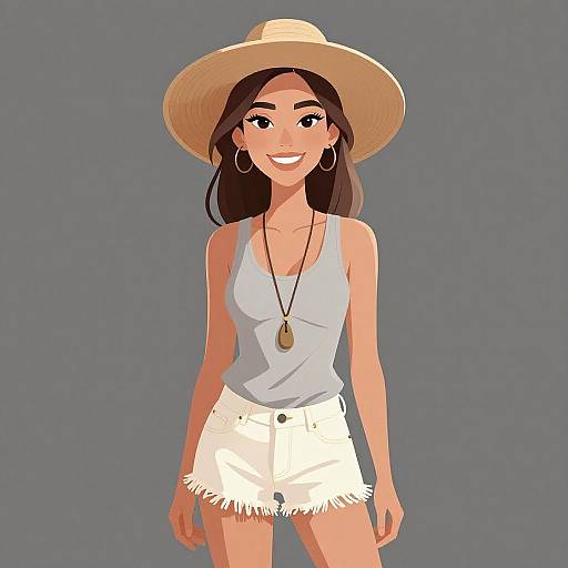 Digital illustration of a smiling Asian woman with long brown hair, wearing a straw hat, white tank top, white frayed shorts, and gold necklace,