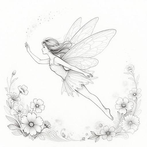 Black-and-white line drawing of a delicate fairy with detailed wings, flying amidst blooming flowers, with intricate floral patterns in the bottom corners.