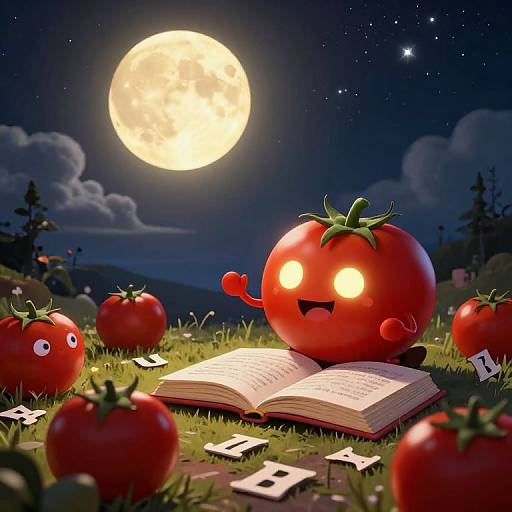 Digital artwork of a glowing, red, tomato-shaped creature with eyes and a hand, reading a book under a full moon in a starry night sky