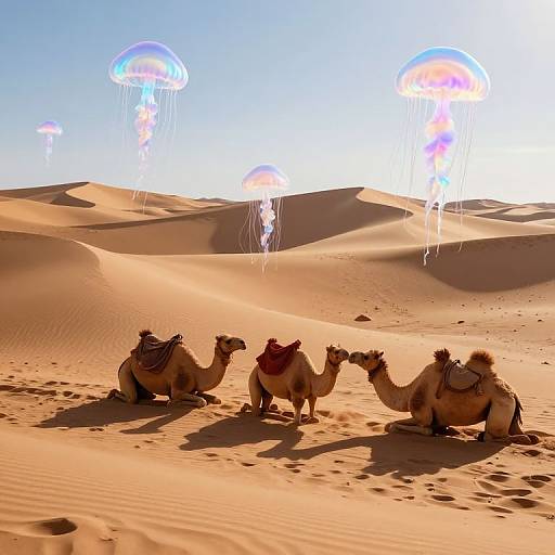 Photograph of three camels with saddles in a desert with glowing, jellyfish-like orbs floating above sandy dunes under a clear blue sky.