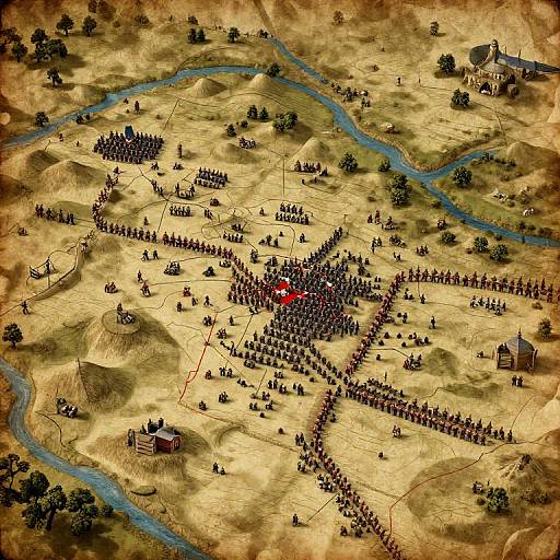 Aerial view of a detailed, vintage-style digital map showing a large army gathering near a red-marked central location, surrounded by rivers, trees,