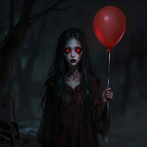 Digital artwork of a pale, eerie woman with glowing red eyes, long black hair, holding a red balloon in a dark, foggy forest.