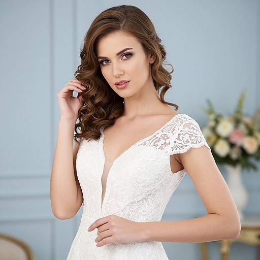 Photograph of a beautiful brunette woman with wavy hair, wearing a white lace wedding dress, standing in a blue-walled room with a flower bouquet