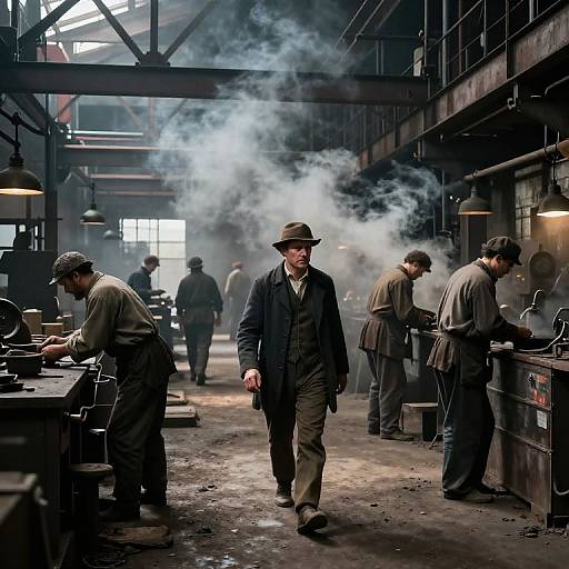 Photograph of a smoky, industrial workshop with men in 1920s-era attire, wearing hats and overalls, working at wooden tables.