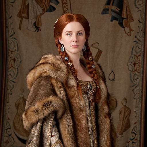 Photorealistic image of a red-haired woman with braids, wearing a luxurious brown fur coat over a gold-embroidered gown, adorned with
