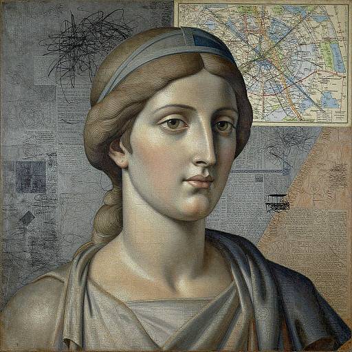 Photorealistic digital portrait of a serene, fair-skinned woman with brown hair in a braid, wearing a headband and draped garment, against