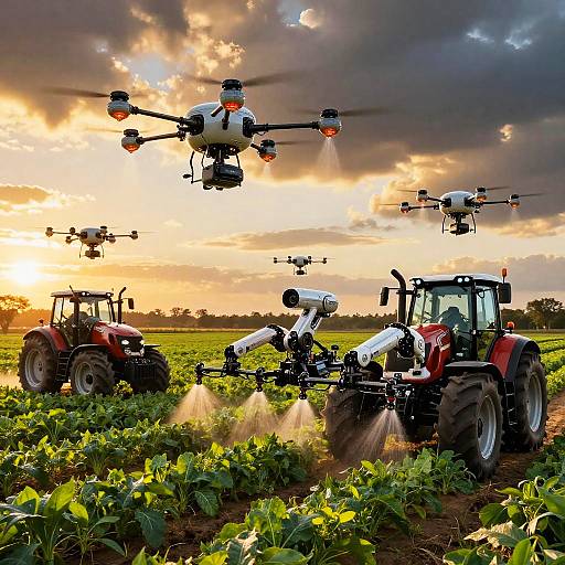 Futuristic Agricultural Robots at Sunset