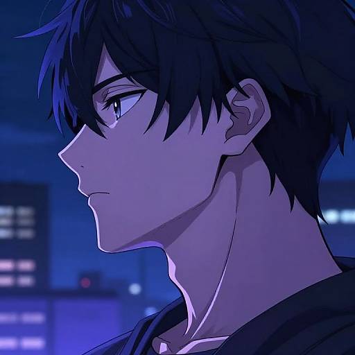 Digital anime-style portrait of a young man with short black hair, blue eyes, and a serious expression, illuminated by blue light. Background is blurred with