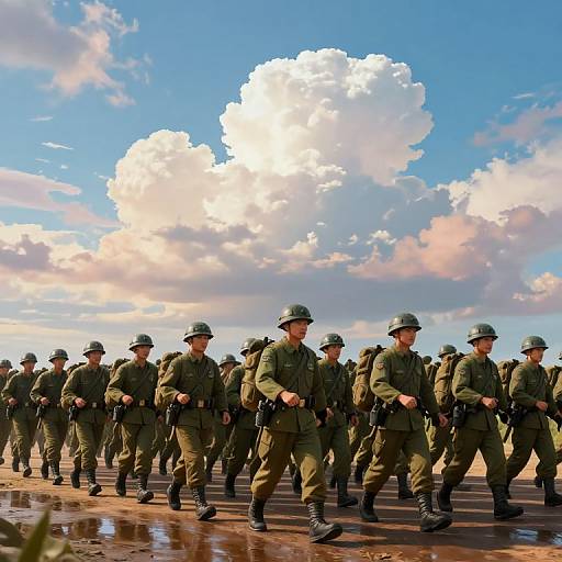 Photograph of a line of World War II-era soldiers in green uniforms and helmets marching on a wet, reflective surface, with a bright blue sky and