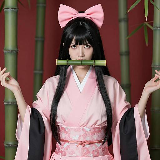 Cosplay of Asian Woman in Pink Kimono
