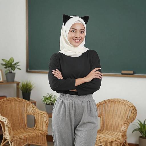 Smiling Asian Woman in Cat Ear Hijab