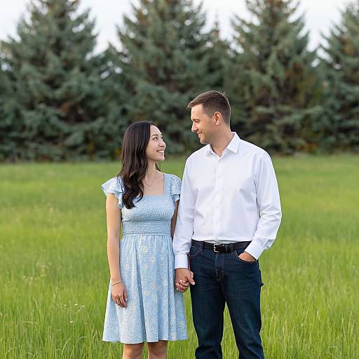 Photograph of a smiling couple standing in a lush green field, holding hands, wearing white shirt and blue dress, with evergreen trees in the background