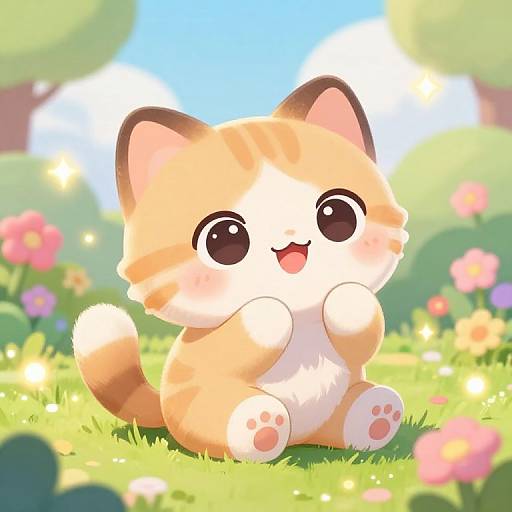 Cute digital illustration of a chubby, orange-and-white cat with big, shiny eyes and a joyful expression sitting in a sunny, colorful meadow with