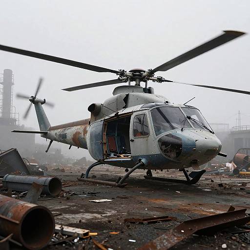 Photorealistic Broken Helicopter in Foggy Scrap Yard