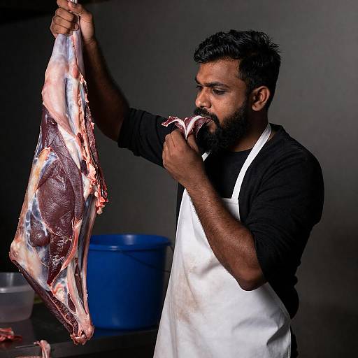 Dimly Lit Butcher Portrait with Carcass