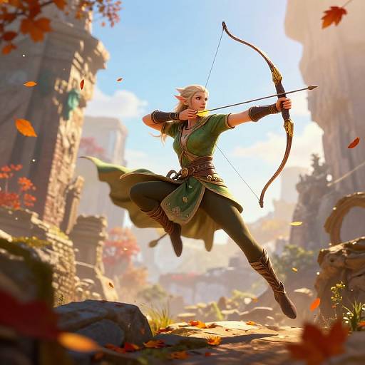 Epic digital artwork of a blonde elf archer in green attire, mid-leap, drawing a bow in a sunlit, ancient ruins with autumn