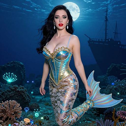 Photorealistic digital artwork of a voluptuous mermaid with long black hair, red lips, and a shiny, gold-accented, silver tail