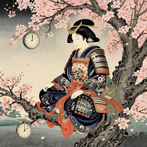 Traditional Japanese woodblock print of a samurai woman in ornate armor, sitting on a cherry blossom tree, with two clocks.