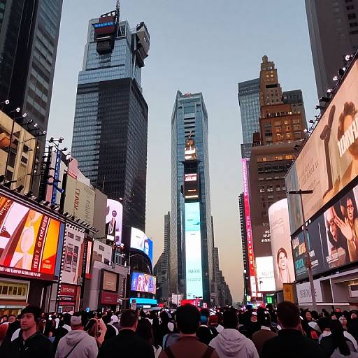 Photograph of bustling Times Square at dusk, featuring tall skyscrapers, vibrant digital billboards, and a crowded street below.