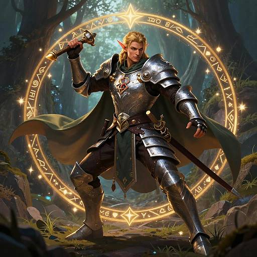 Digital fantasy art: Blonde elf warrior in shining silver armor, holding a sword, stands in a glowing, magical forest circle.