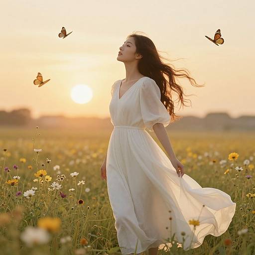 Photograph of a woman in a flowing white dress, with long dark hair, standing in a sunlit field of wildflowers, surrounded by four butterflies