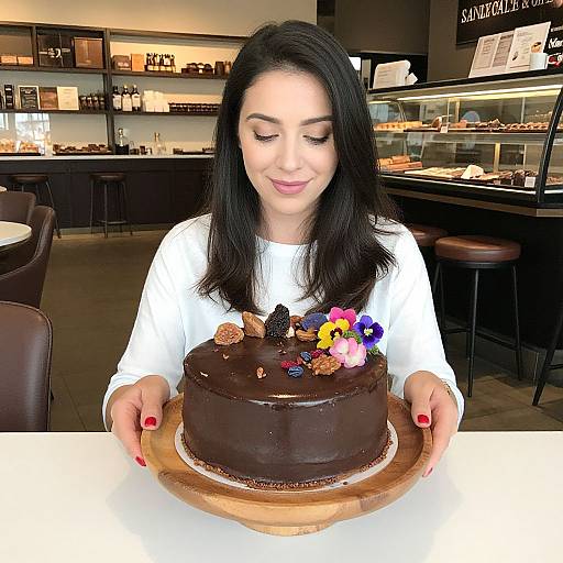 Photograph of a smiling Latina woman with long black hair, wearing a white sweater, holding a rich chocolate cake adorned with colorful fruit atop a wooden board