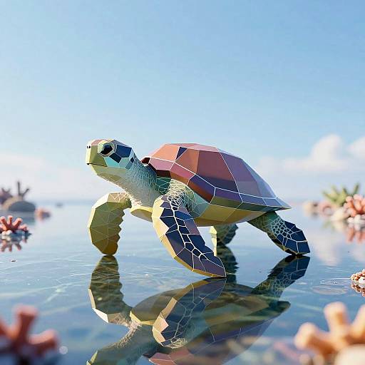 Photograph of a colorful, polygonal turtle with a geometric shell, reflecting in clear water under a bright blue sky.