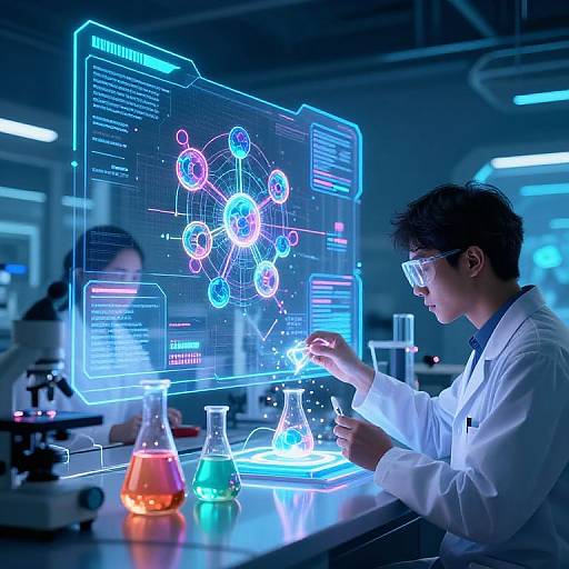 Photograph of a male scientist in a white lab coat, wearing goggles, holding a test tube, in a modern laboratory with glowing blue molecular diagrams and