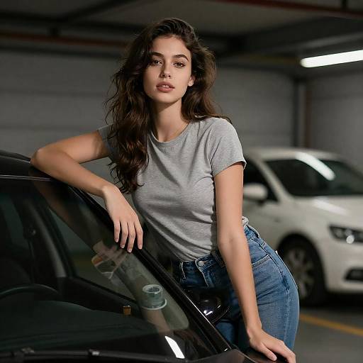 Young Woman Leaning on Car Roof