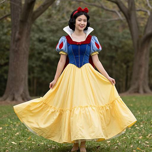 Photograph of a young woman dressed as Snow White, wearing a blue bodice, yellow skirt, white collar, and red bow, smiling in a