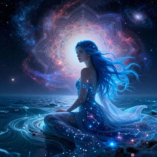 Digital fantasy artwork of a blue-haired woman in a glowing dress, seated on water, surrounded by cosmic patterns and stars.