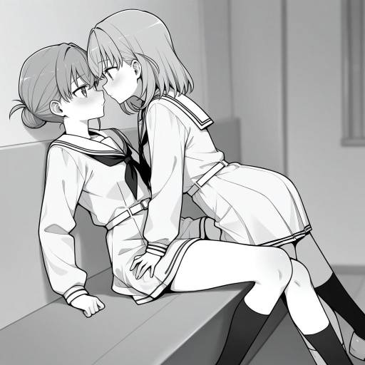 Monochrome Yuri Scene with Schoolgirls