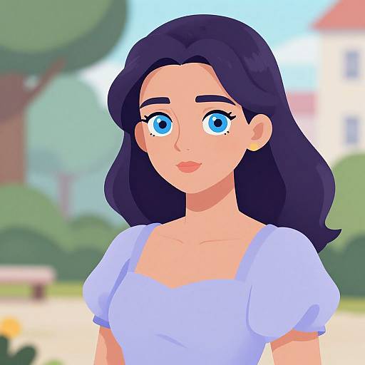 Digital illustration of a young woman with large blue eyes, dark purple hair, and a light purple dress, standing in a sunny, blurred park background.