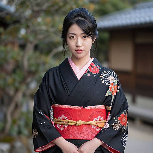 Woman Chun in Black and Red Kimono
