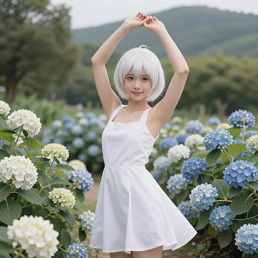 Anime Girl in Hydrangea Garden