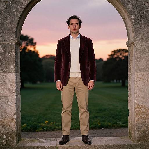 Photograph of a young man with dark hair in a maroon velvet blazer, white shirt, beige pants, and black shoes, standing in an